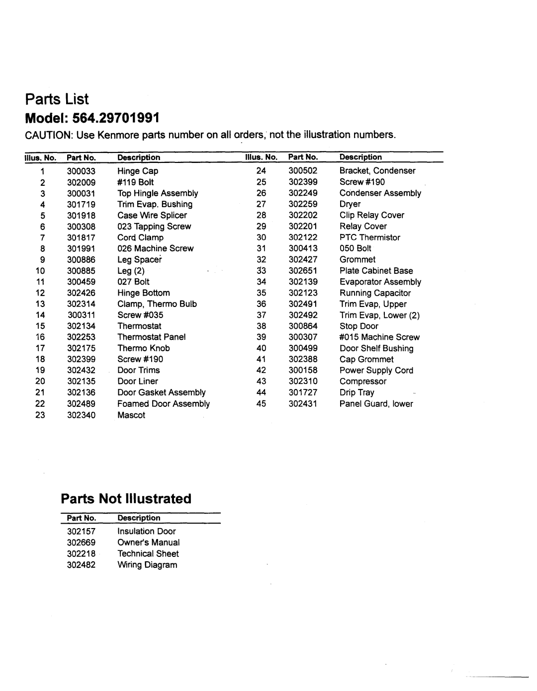 Kenmore 29701 warranty Parts List, Mascot, Part No. Description, Technical Sheet Wiring Diagram 