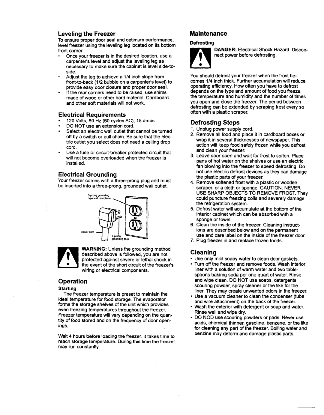 Kenmore 29701 warranty Leveling the Freezer, Electrical Grounding, Operation, Defrosting Steps, Cleaning 