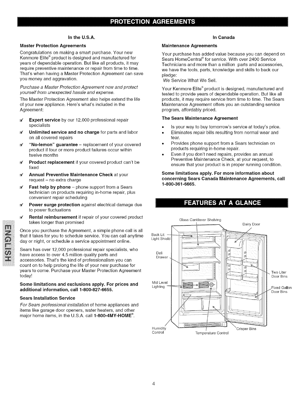 Kenmore 297055500, 44723 manual U.S.A Master Protection Agreements 