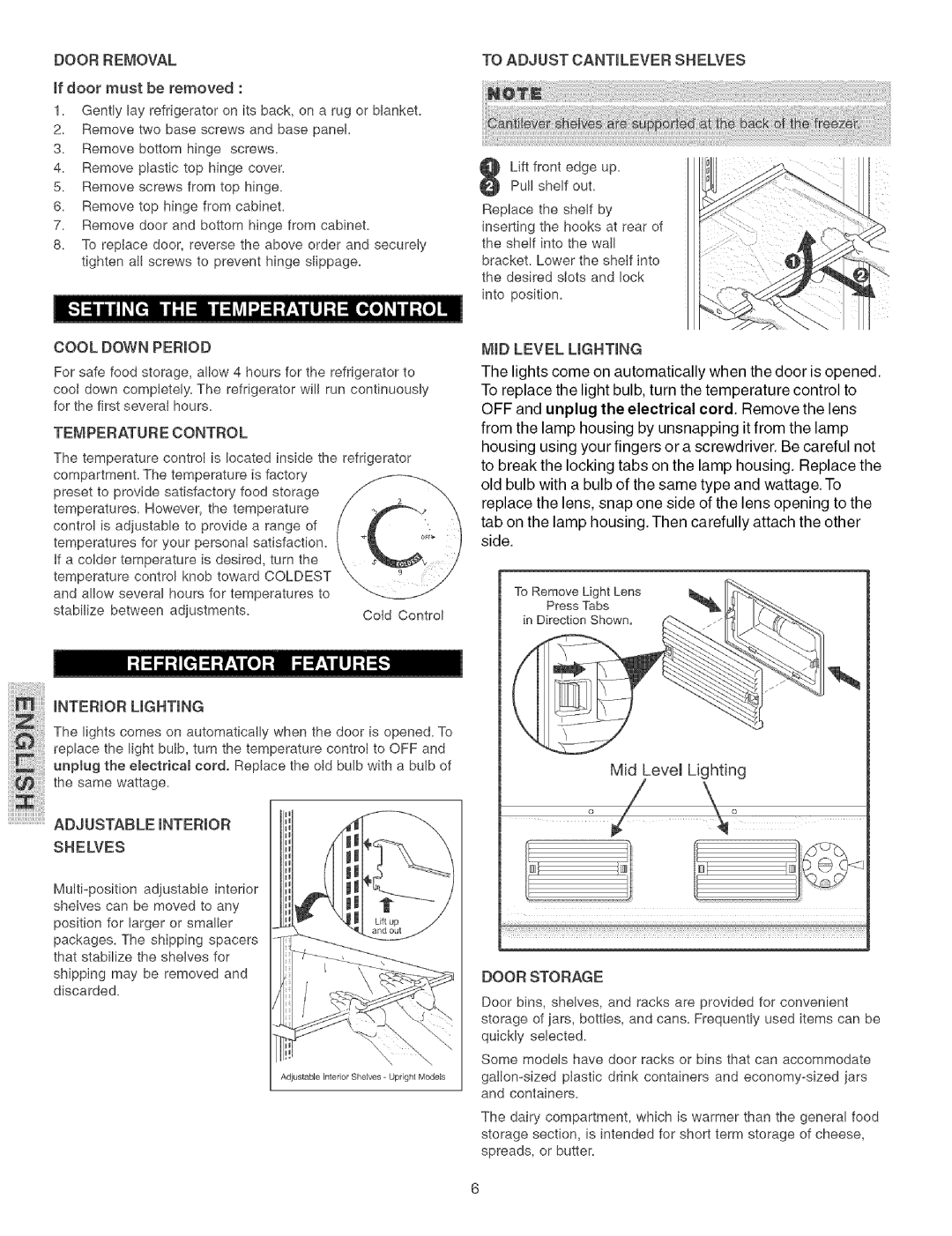 Kenmore 297055500, 44723 Door Removal, Temperaturecontrol, To Adjust Cantilever Shelves, MID Level Lighting, Door Storage 