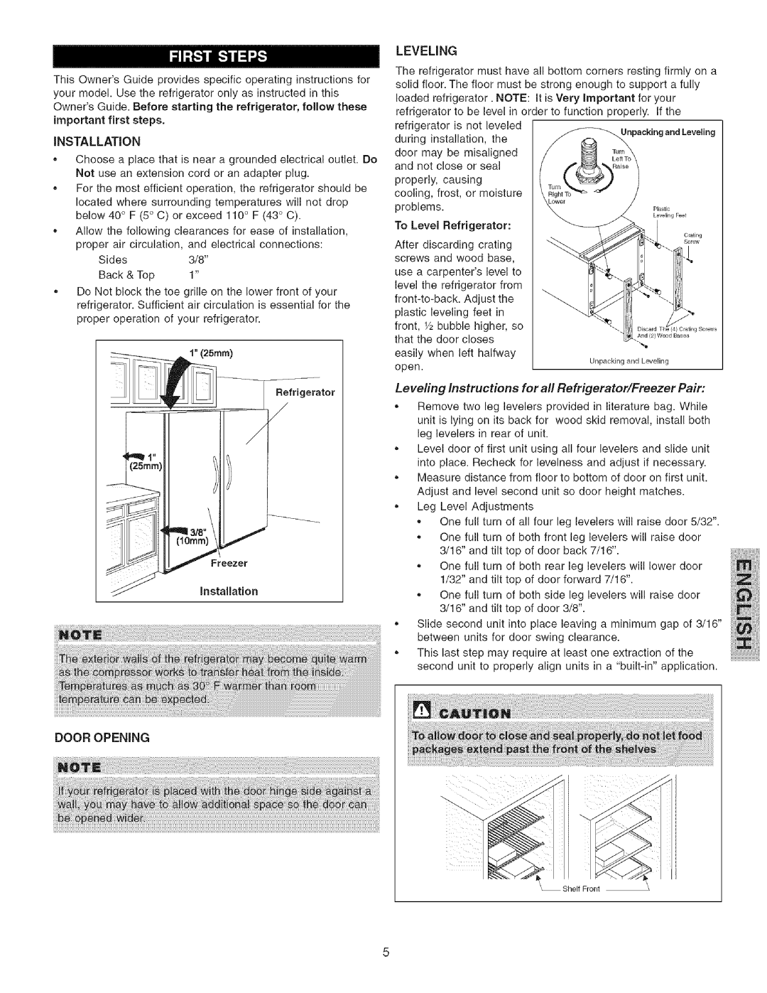 Kenmore 297088500, 25344723104, 25344723105, 25344723103 manual Leveung, Door Opening, INSTALLATiON, Refrigerator, To Level 