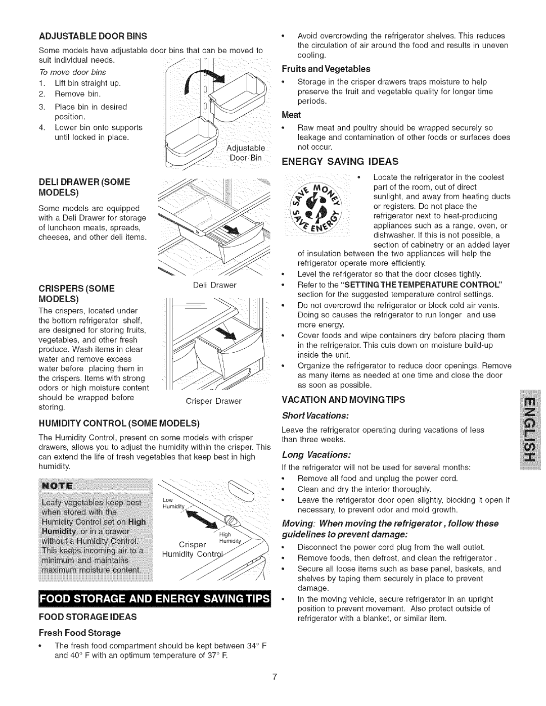 Kenmore 25344723105, 297088500, 25344723104, 25344723103 manual Adjustable Door Bins, Energy Saving Ideas, Food Storage Ideas 