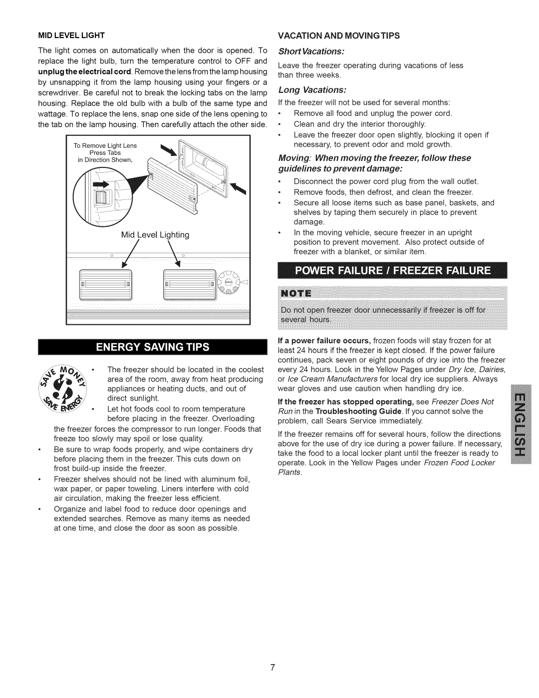 Kenmore 297310600 manual Vacation and Movingtips, MID Level Light 