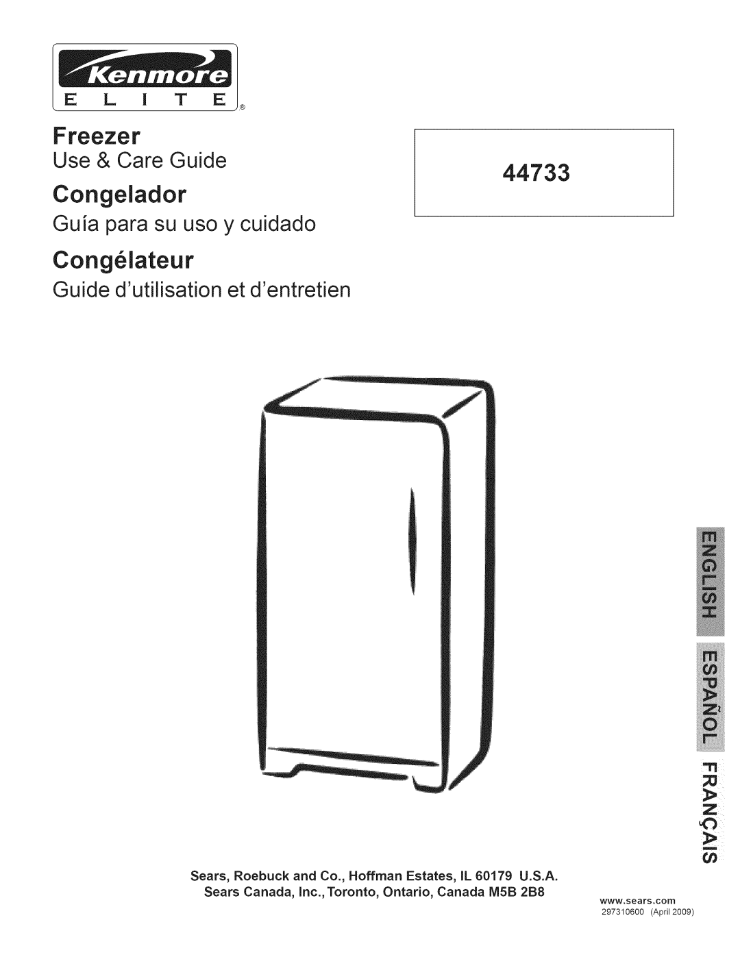 Kenmore 297310600 manual Congelador, Cong iateur, Freezer, 44733, Guia para su uso y cuidado, Use & Care Guide 