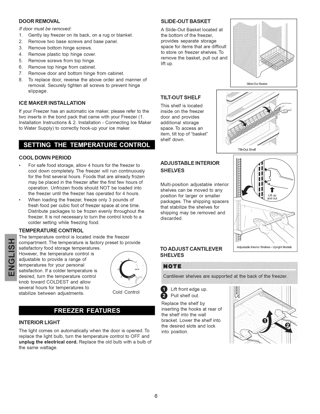 Kenmore 297310600 manual If door must be removed, Ice Maker Installation, Door Removal, Slide-Out Basket, Tilt-Out Shelf 