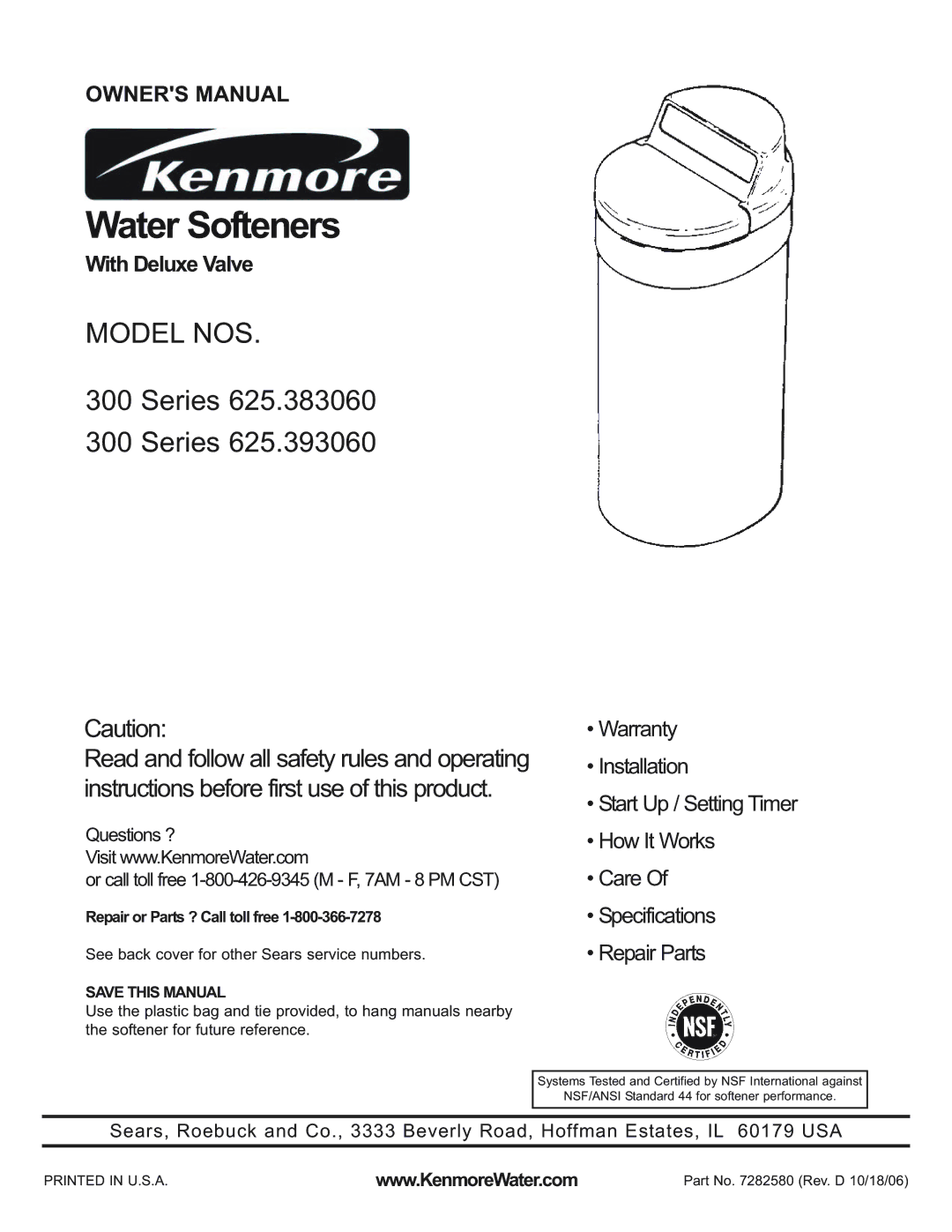 Kenmore 300 Series, 300 Series warranty Repair or Parts ? Call toll free, Save this Manual 