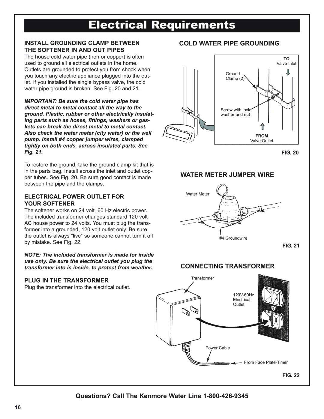 Kenmore 300 Series Electrical Requirements, Cold Water Pipe Grounding, Water Meter Jumper Wire, Connecting Transformer 