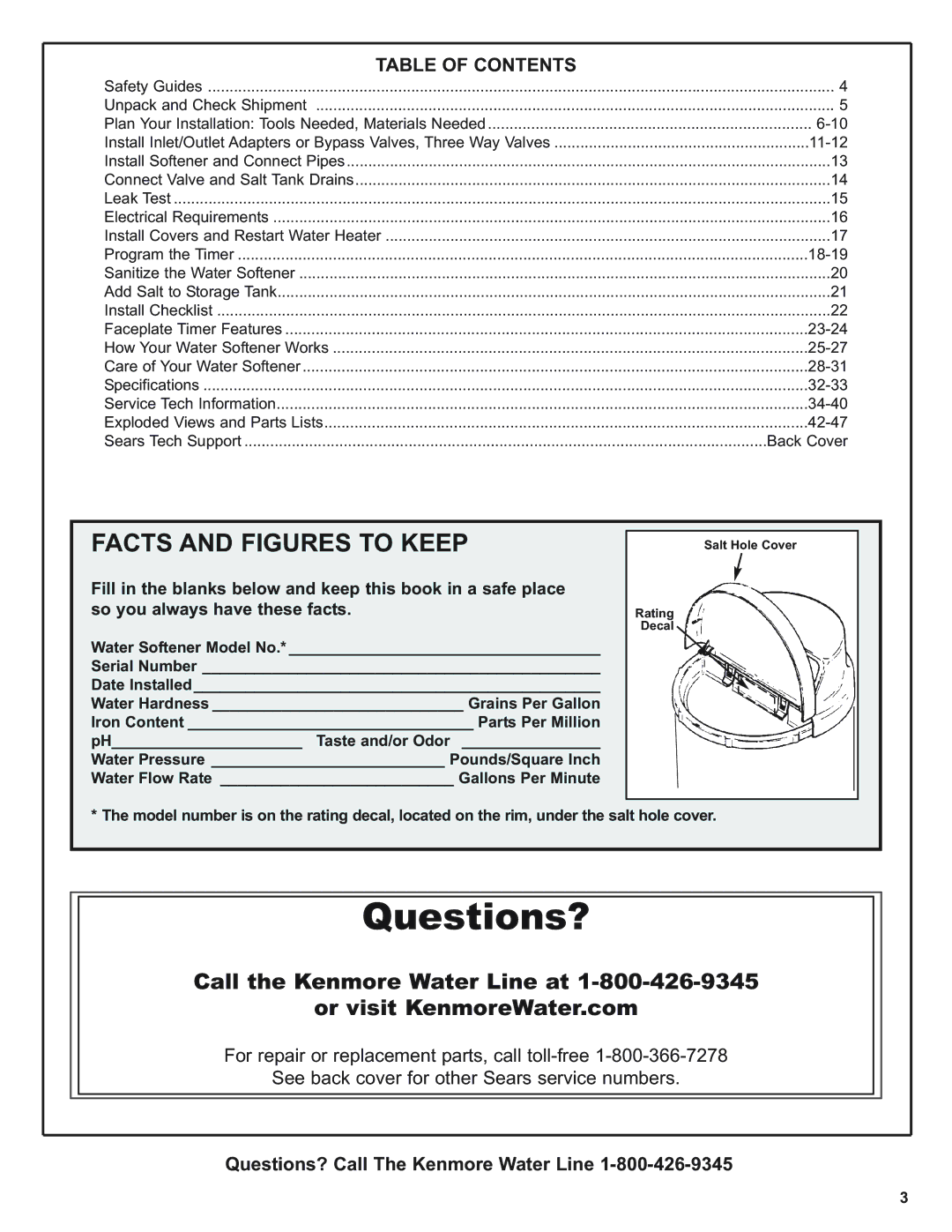 Kenmore 300 Series, 300 Series warranty Facts and Figures to Keep, Table of Contents 