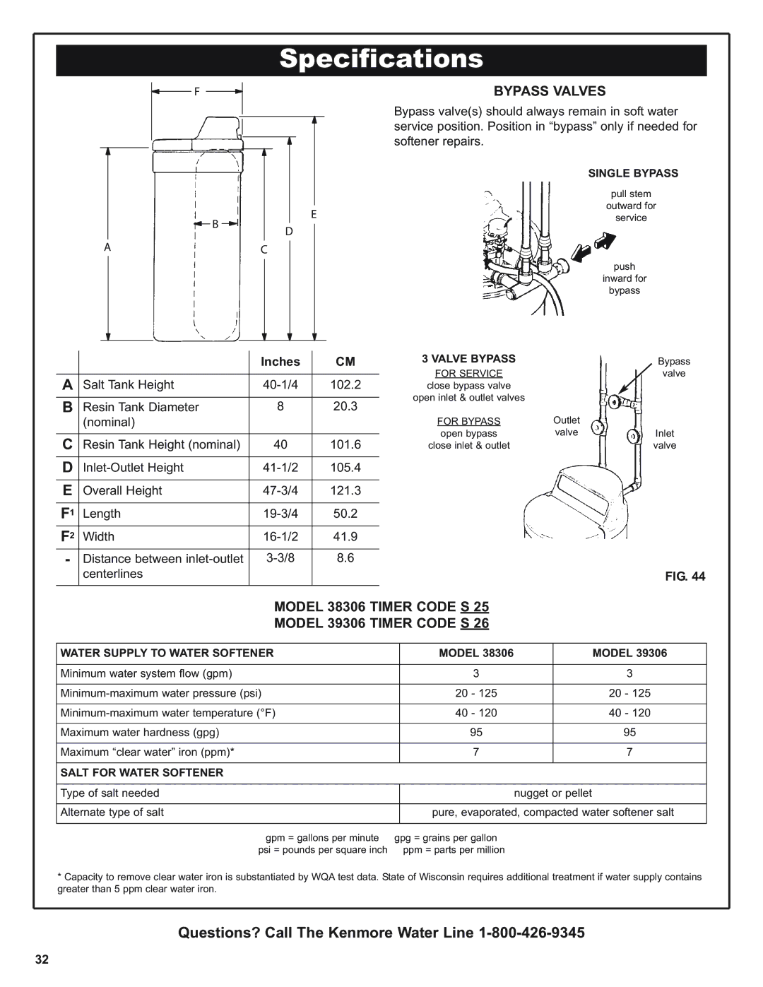 Kenmore 300 Series warranty Specifications, Bypass Valves, Model 38306 Timer Code S Model 39306 Timer Code S, Inches 