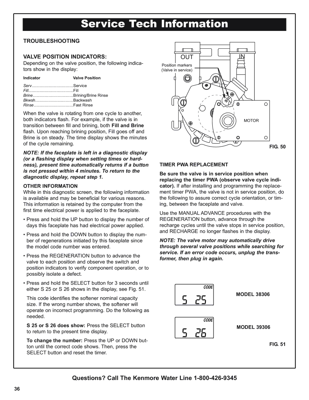 Kenmore 300 Series warranty Troubleshooting Valve Position Indicators, Other Information, Timer PWA Replacement, Model 