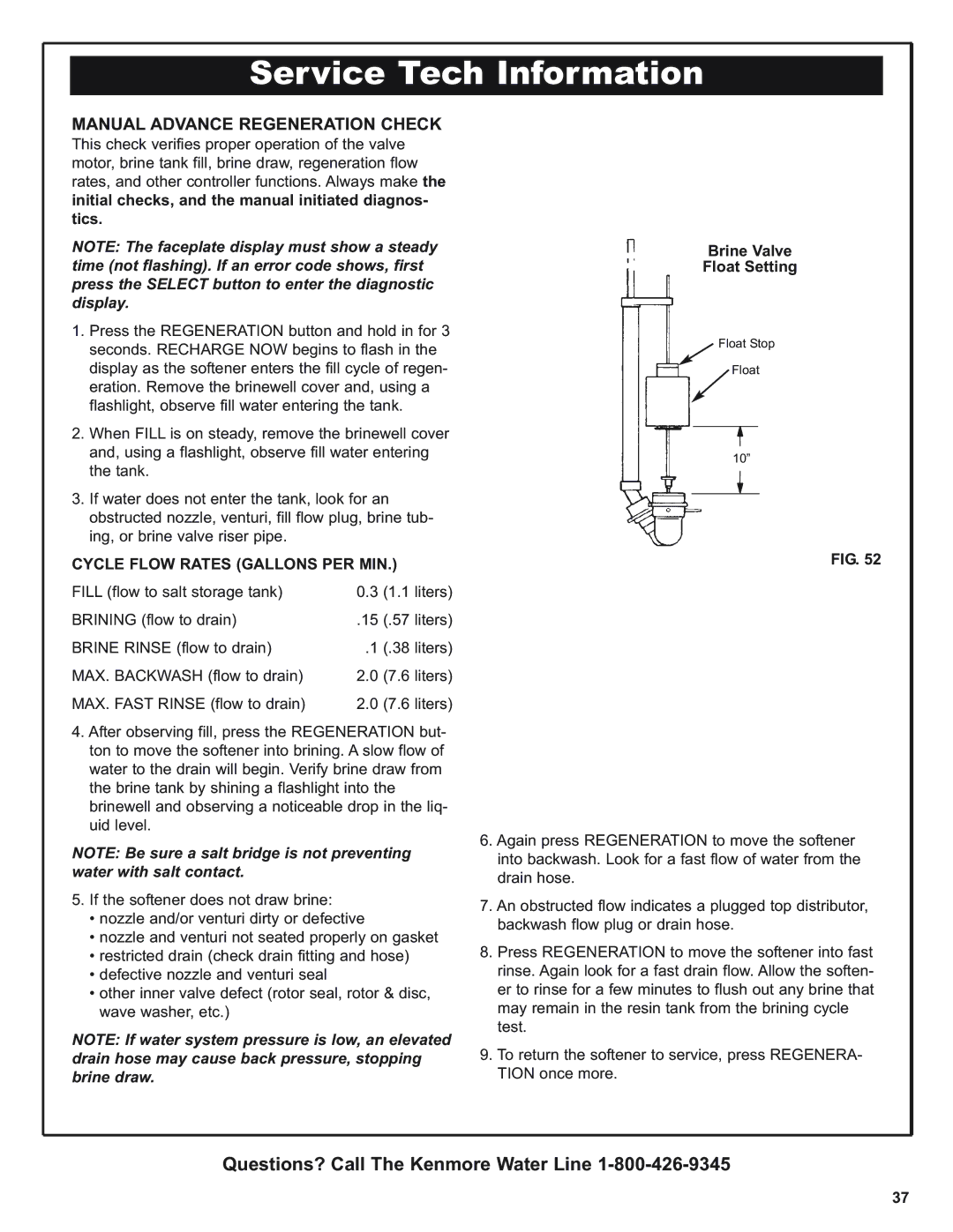 Kenmore 300 Series, 300 Series warranty Manual Advance Regeneration Check, Cycle Flow Rates Gallons PER MIN 