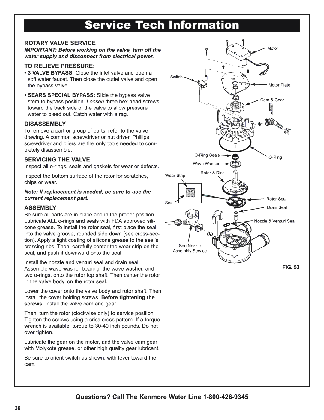 Kenmore 300 Series warranty Rotary Valve Service, To Relieve Pressure, Disassembly, Servicing the Valve, Assembly 