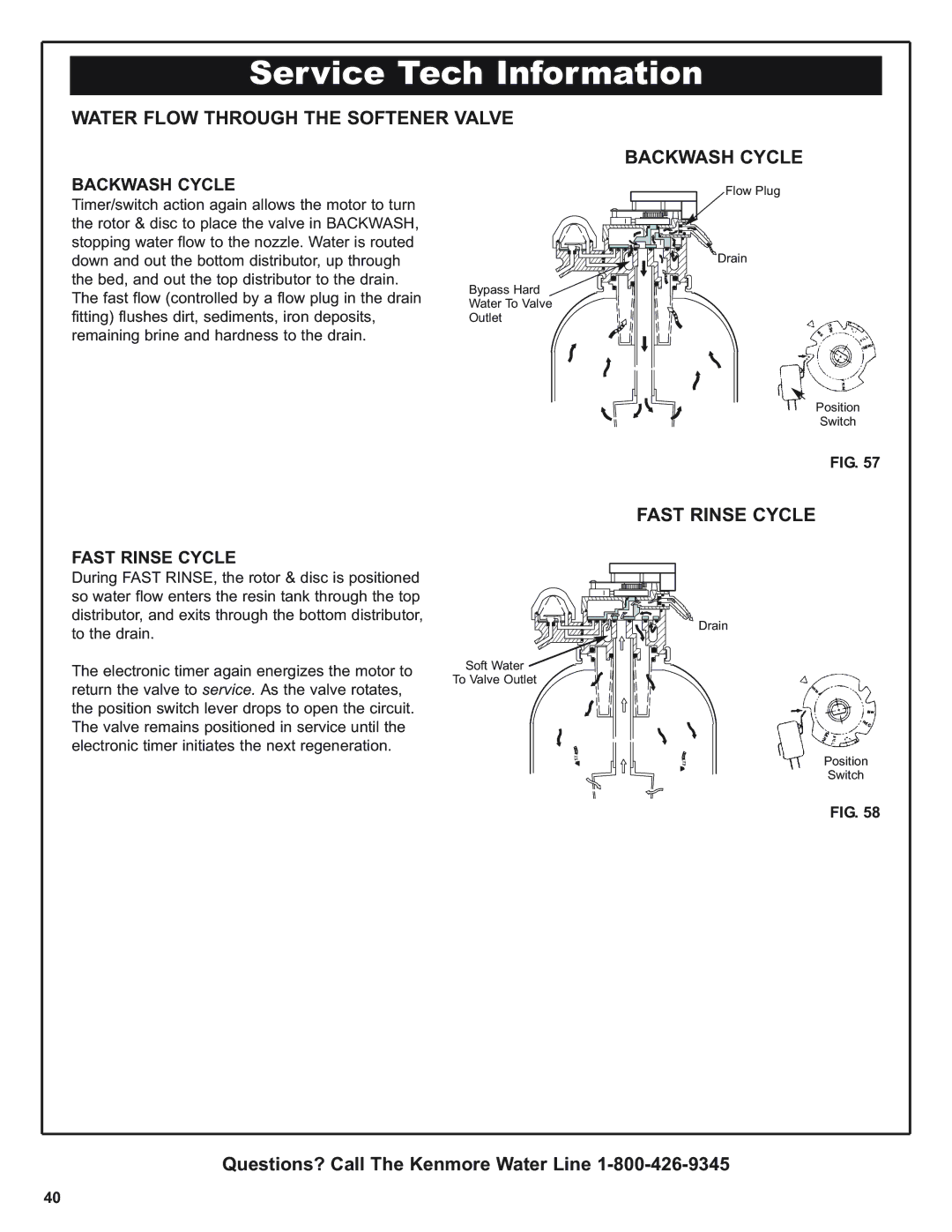 Kenmore 300 Series, 300 Series warranty Water Flow Through the Softener Valve Backwash Cycle, Fast Rinse Cycle 