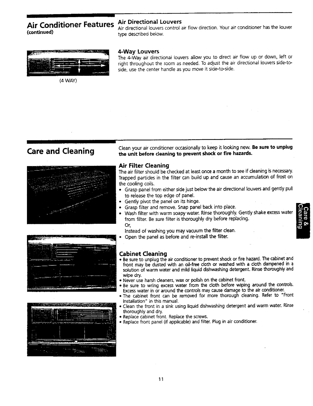 Kenmore 309000845 owner manual Care and Cleaning, Cabinet Cleaning, Air Directional Louvers, Air Filter Cleaning 