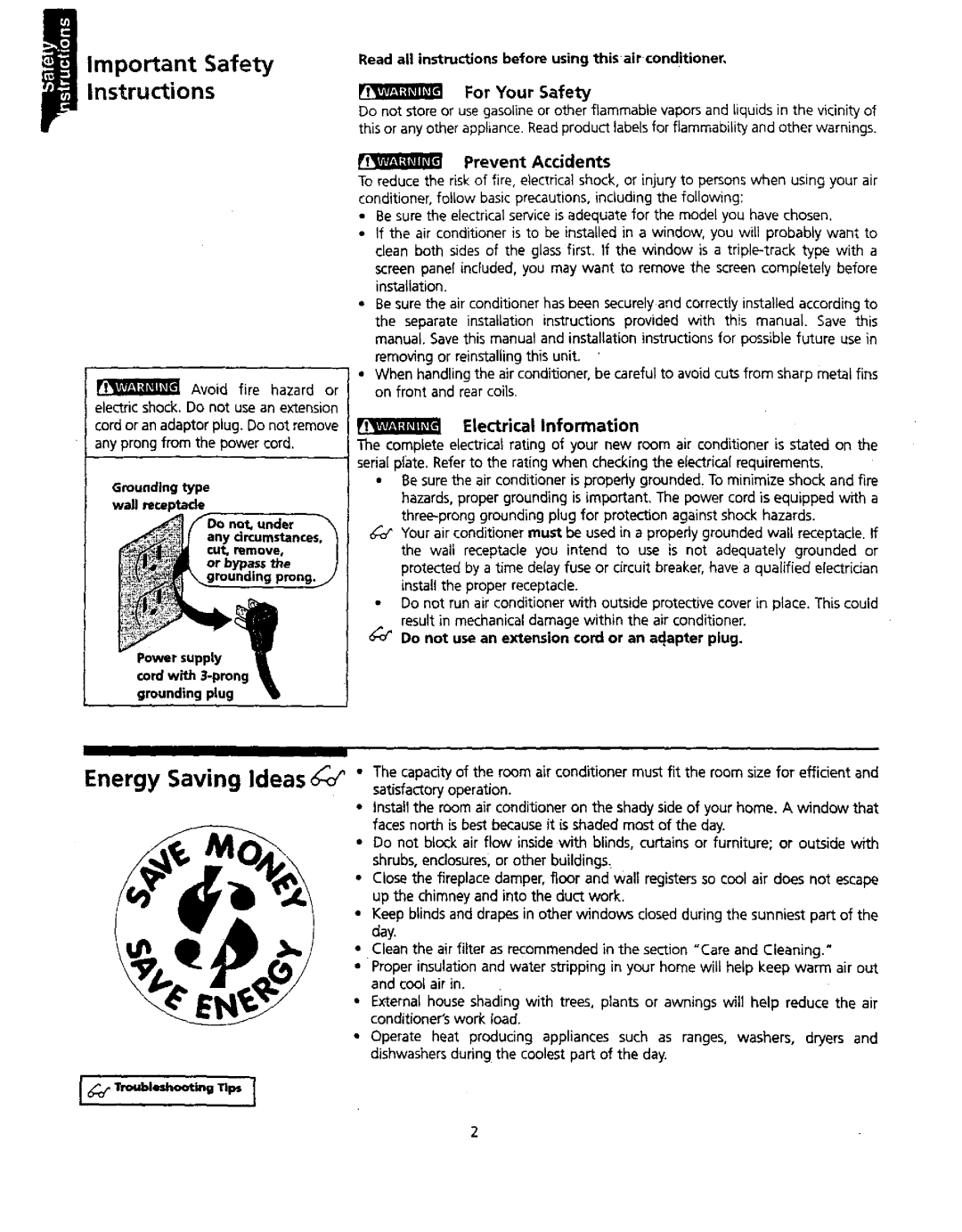 Kenmore 309000845 owner manual Instructions Important Safety, Energy Saving Ideas, For Your Safety, Electrical Information 