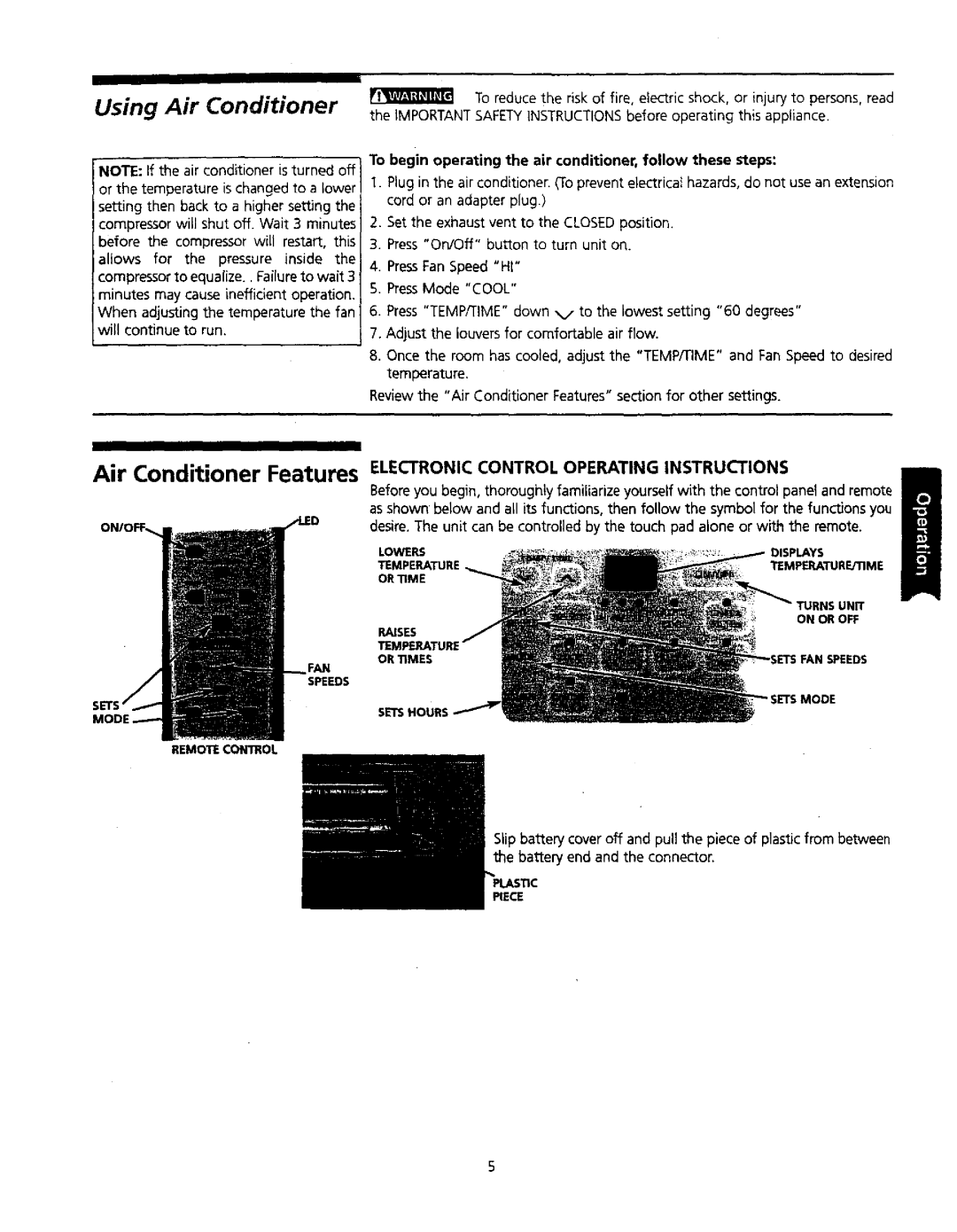 Kenmore 309000845 owner manual Using Air Conditioner, To begin operating the air conditioner, follow these steps, On/Of 