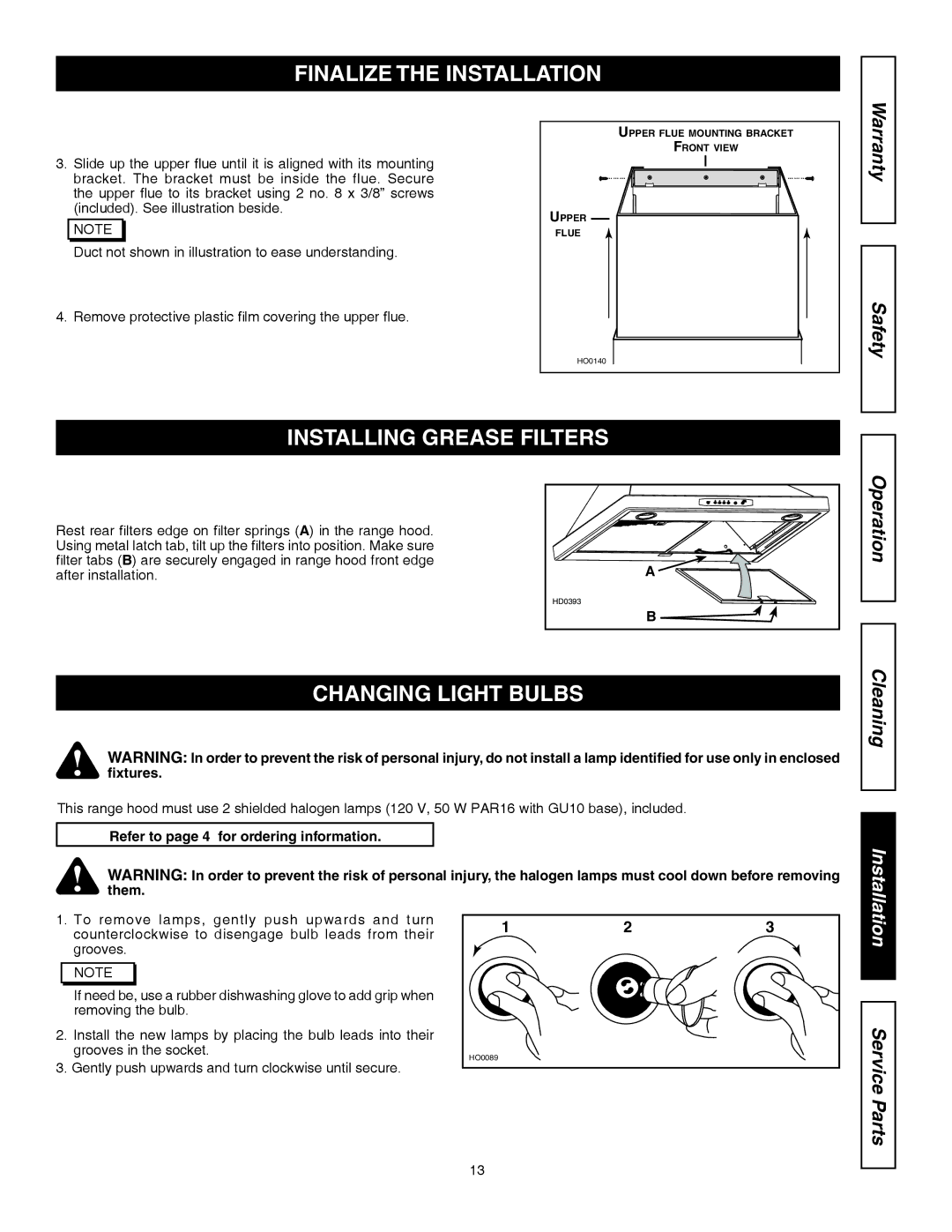 Kenmore 31130, 31133 installation manual Installing Grease Filters, Changing Light Bulbs 