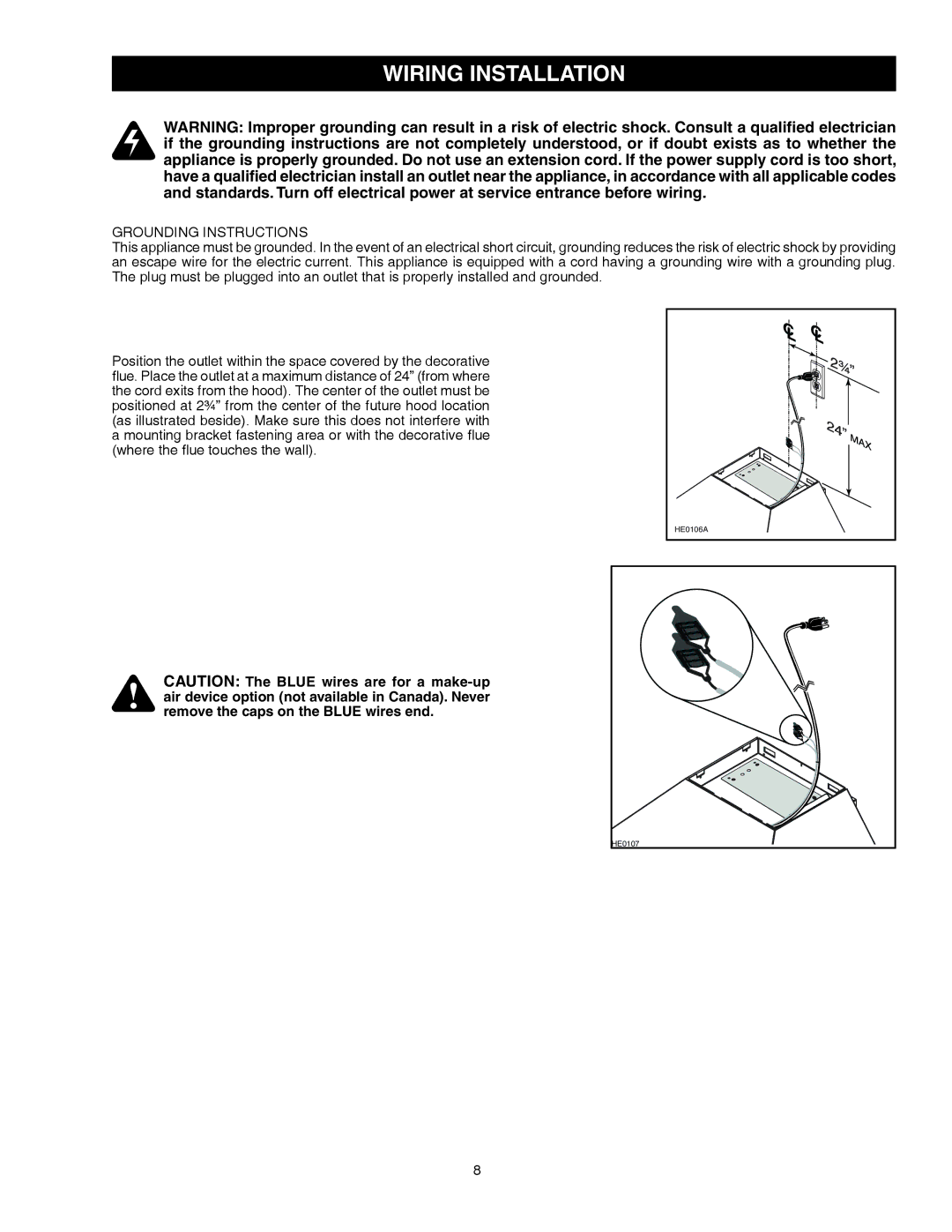 Kenmore 31133, 31130 installation manual Wiring Installation, Grounding Instructions 