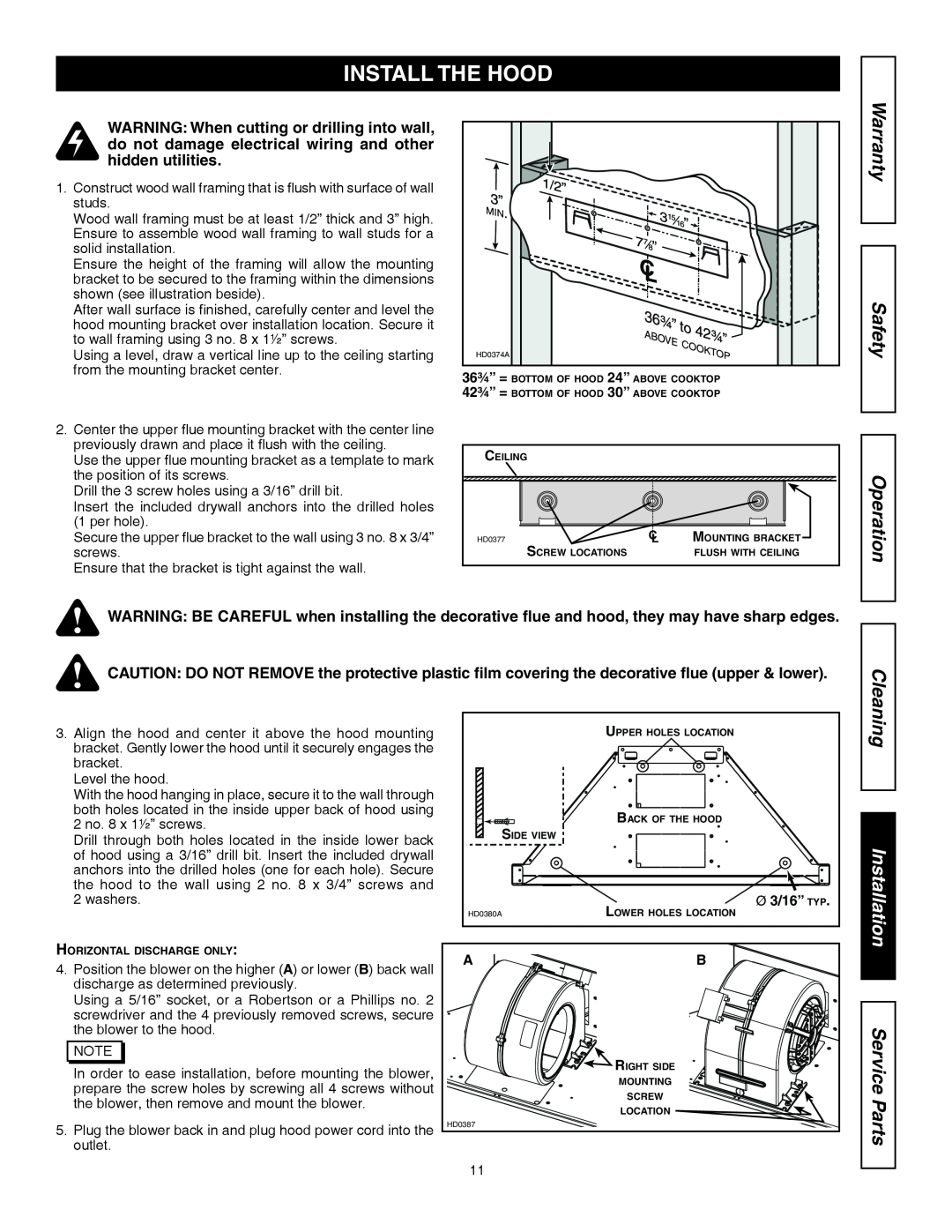Kenmore 31130, 31133 installation manual Install The Hood, Safety, Cleaning 