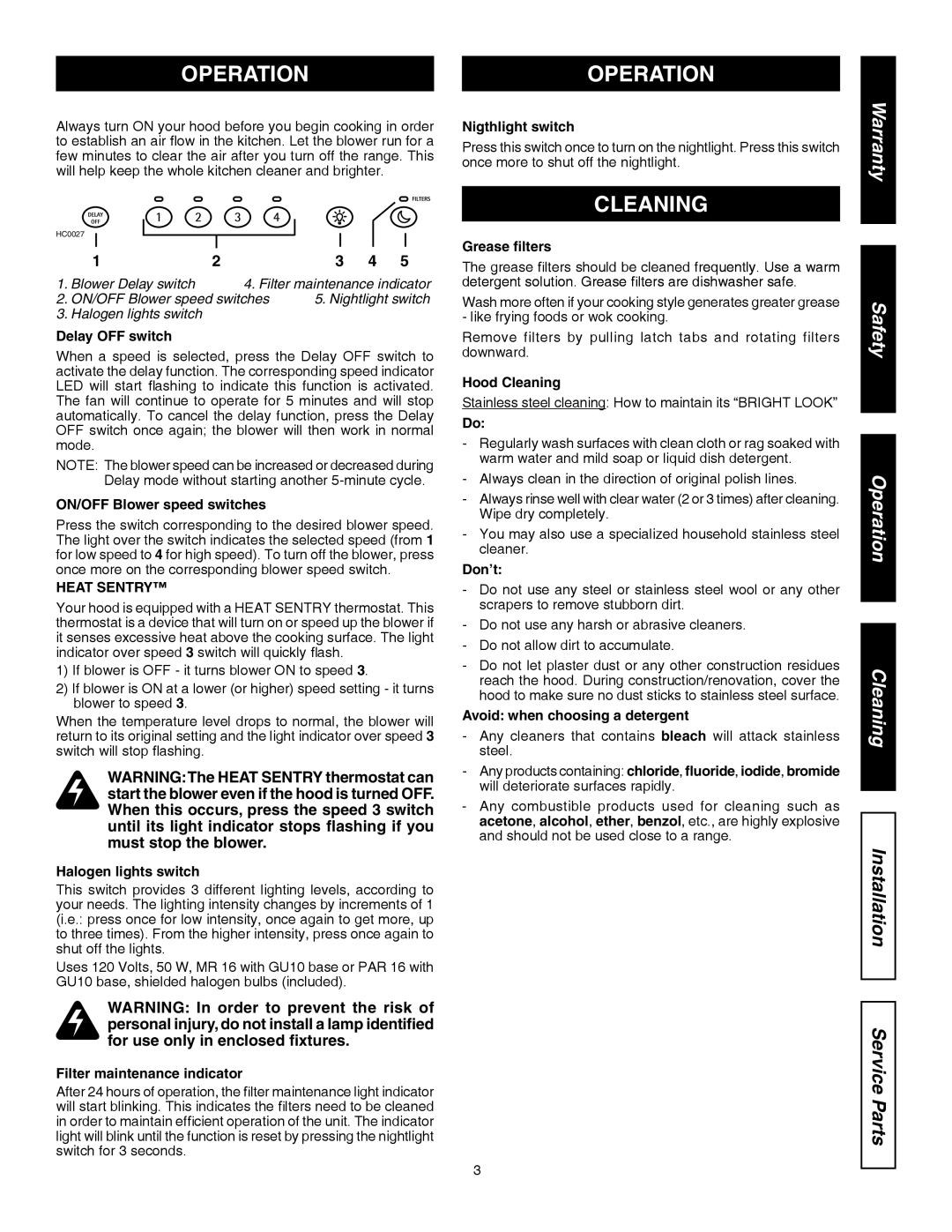 Kenmore 31130, 31133 installation manual Warranty, Safety Operation Cleaning, Installation Service Parts 