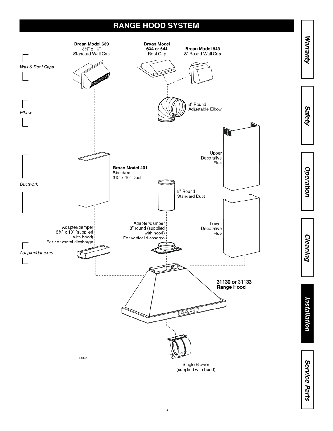 Kenmore 31130, 31133 Range Hood System, Warranty, Safety Operation, Cleaning, Installation, Service Parts, Adapter/dampers 