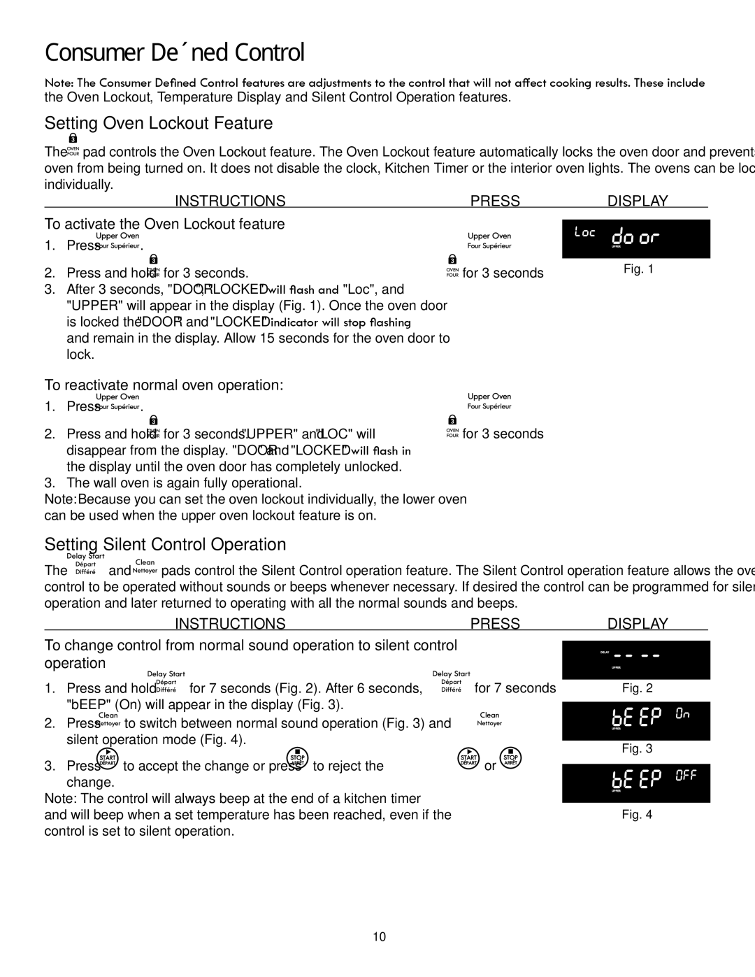 Kenmore 318205342A manual Consumer Defined Control, Setting Oven Lockout Feature, Setting Silent Control Operation 