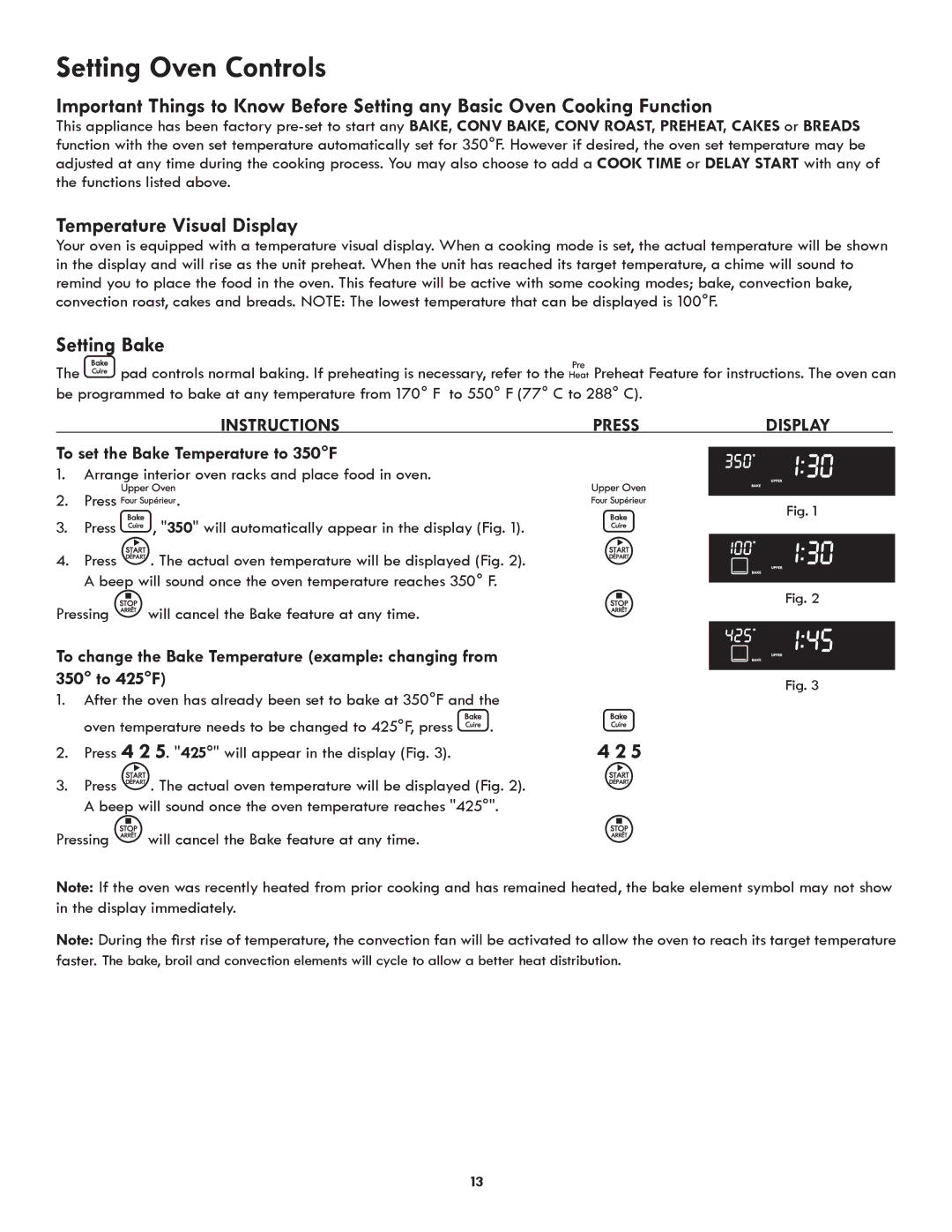 Kenmore 318205342A manual Temperature Visual Display, Setting Bake, To set the Bake Temperature to 350F 