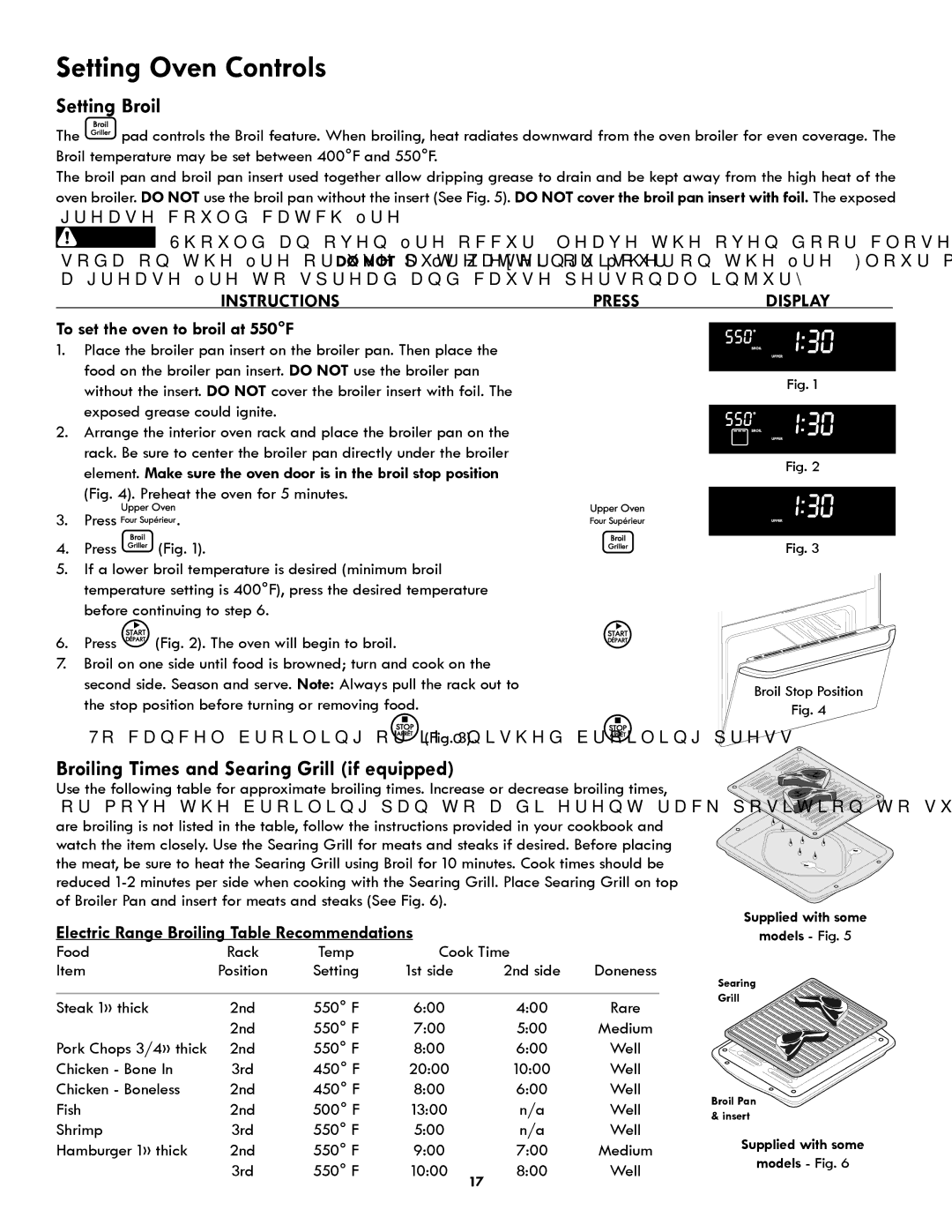 Kenmore 318205342A manual Setting Broil, Broiling Times and Searing Grill if equipped, To set the oven to broil at 550F 