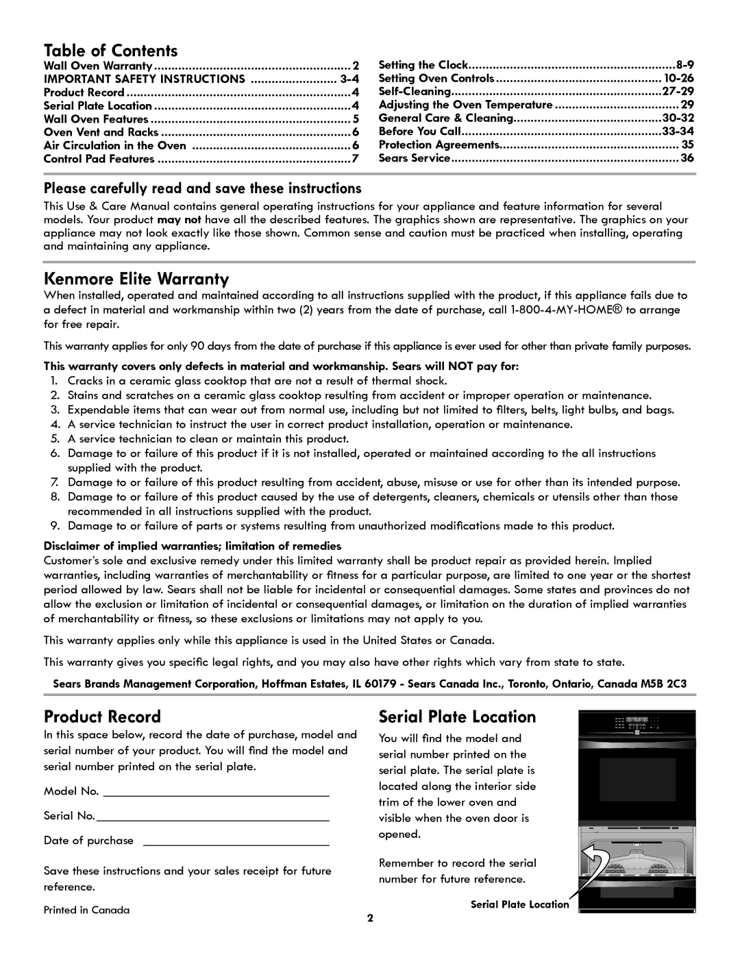 Kenmore 318205342A manual Table of Contents 