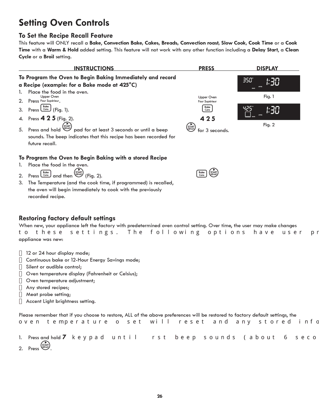 Kenmore 318205342A manual To Set the Recipe Recall Feature, Restoring factory default settings 