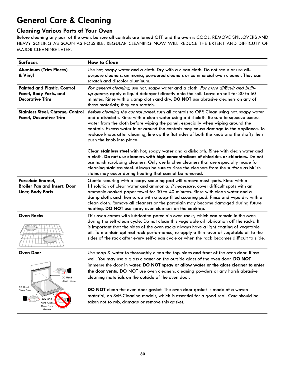 Kenmore 318205342A manual General Care & Cleaning, Cleaning Various Parts of Your Oven, Surfaces How to Clean 