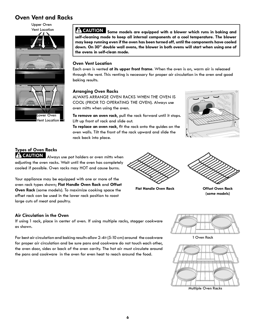 Kenmore 318205342A manual Oven Vent Location, Arranging Oven Racks, Types of Oven Racks, Air Circulation in the Oven 