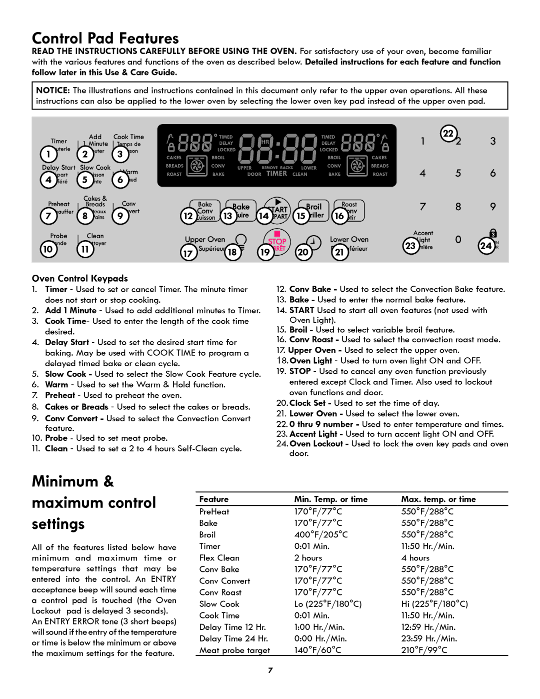 Kenmore 318205342A manual Control Pad Features, Oven Control Keypads, Feature Min. Temp. or time Max. temp. or time 