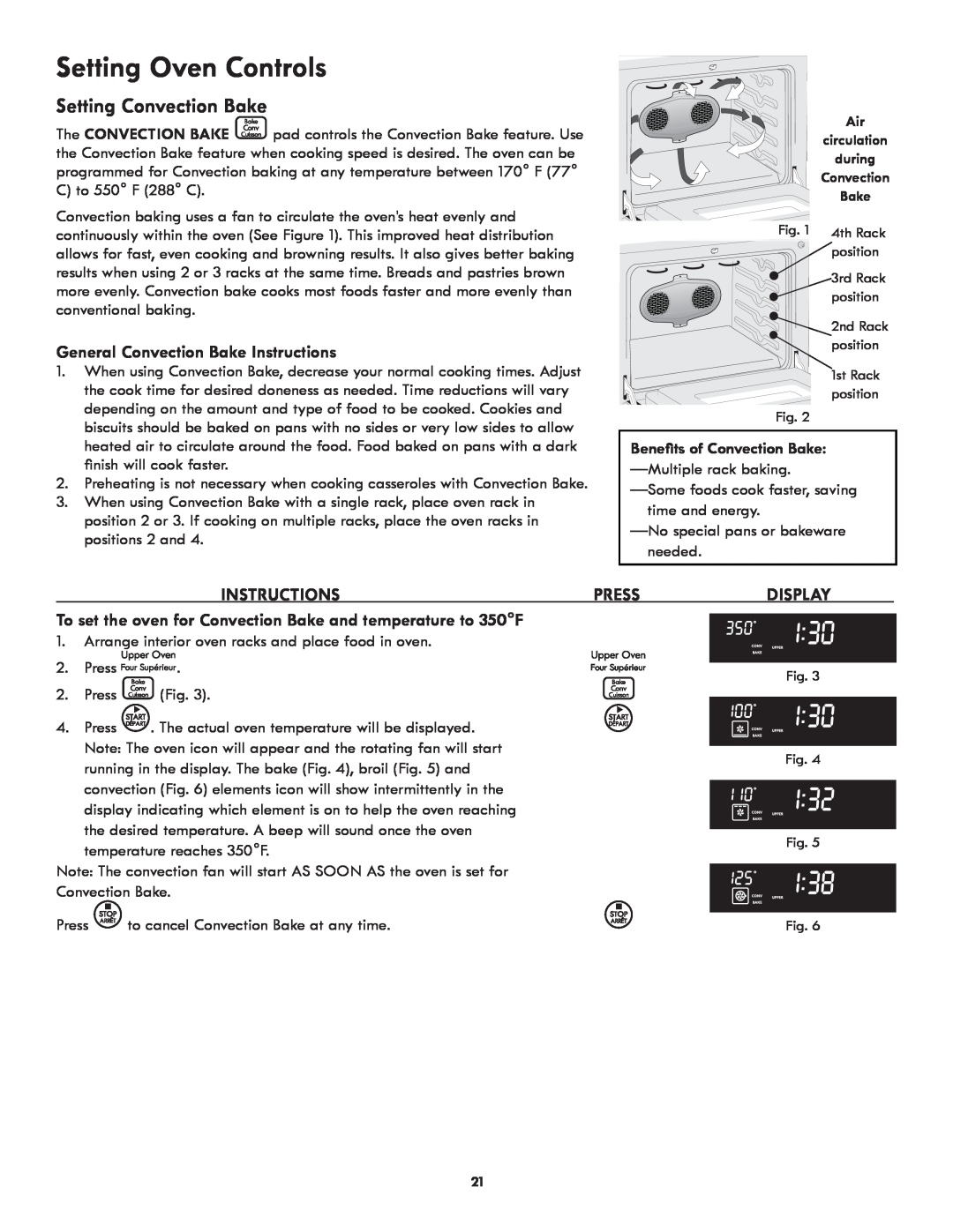 Kenmore 318205342A Setting Convection Bake, Setting Oven Controls, General Convection Bake Instructions, Press, Display 