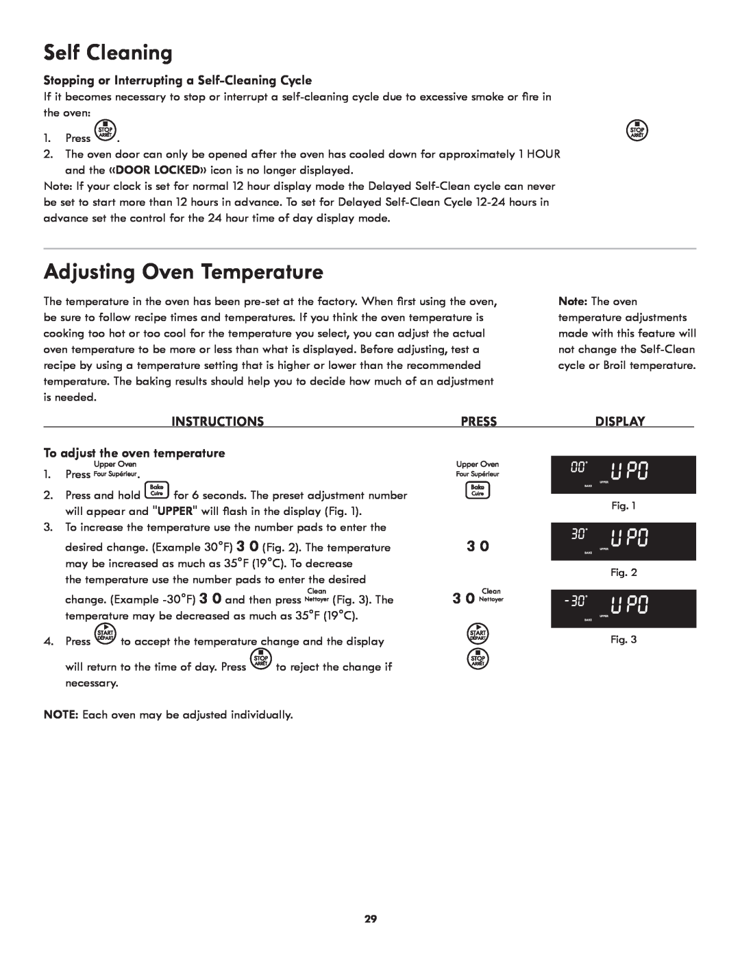 Kenmore 318205342A Self Cleaning, Adjusting Oven Temperature, Stopping or Interrupting a Self-Cleaning Cycle, Instructions 