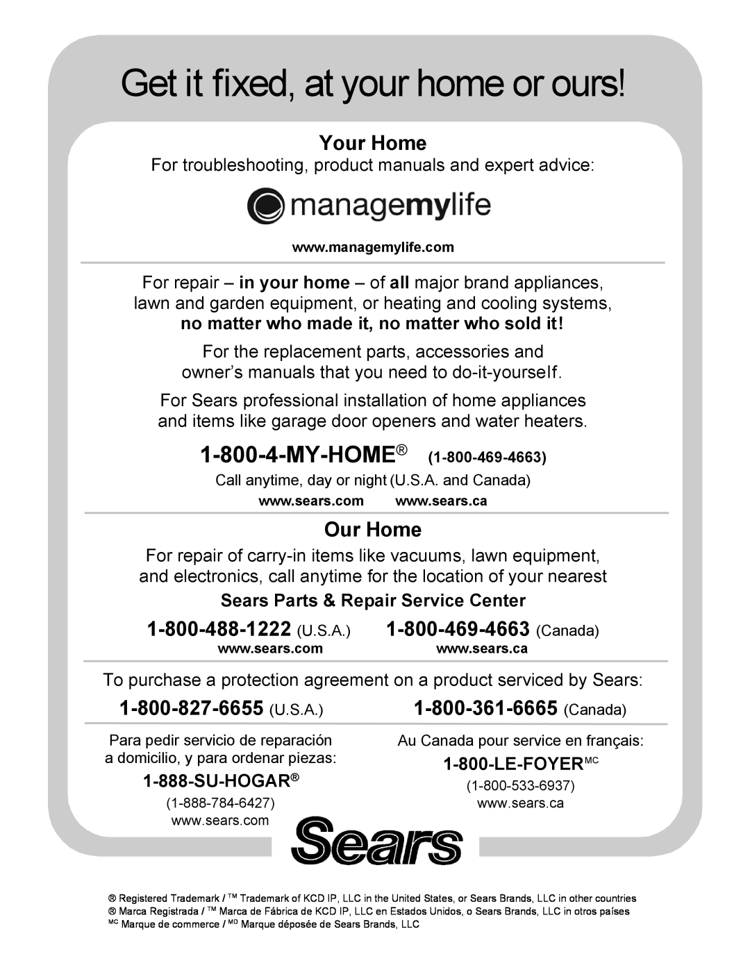 Kenmore 318205342A Sears Parts & Repair Service Center, Su-Hogar, Le-Foyermc, Get it fixed, at your home or ours, Our Home 