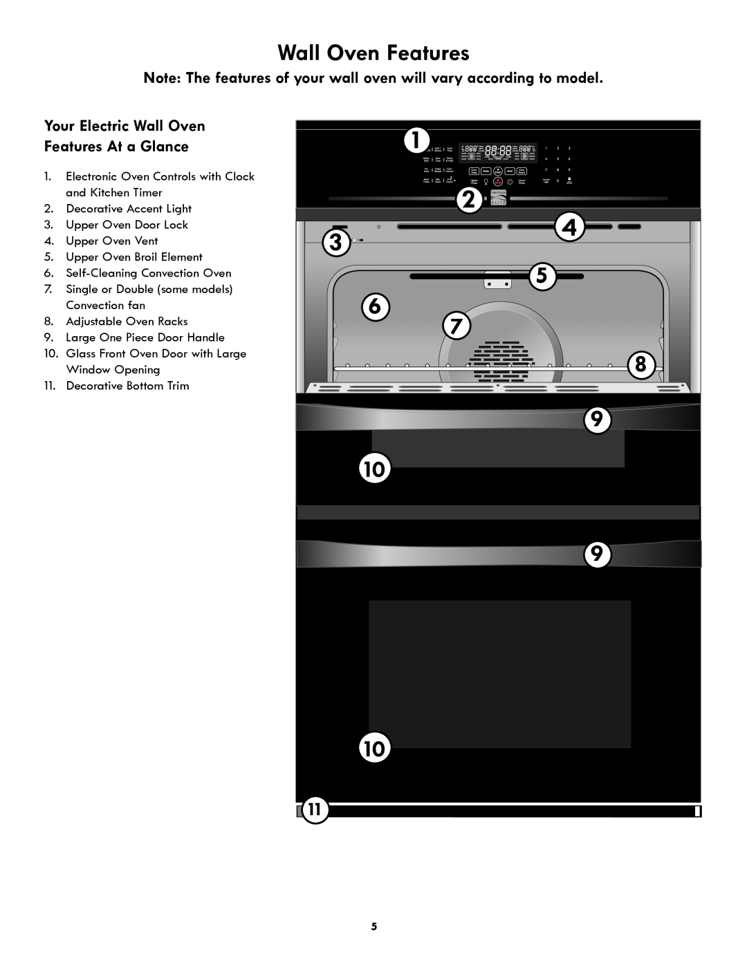 Kenmore 318205342A manual Wall Oven Features, Note The features of your wall oven will vary according to model 