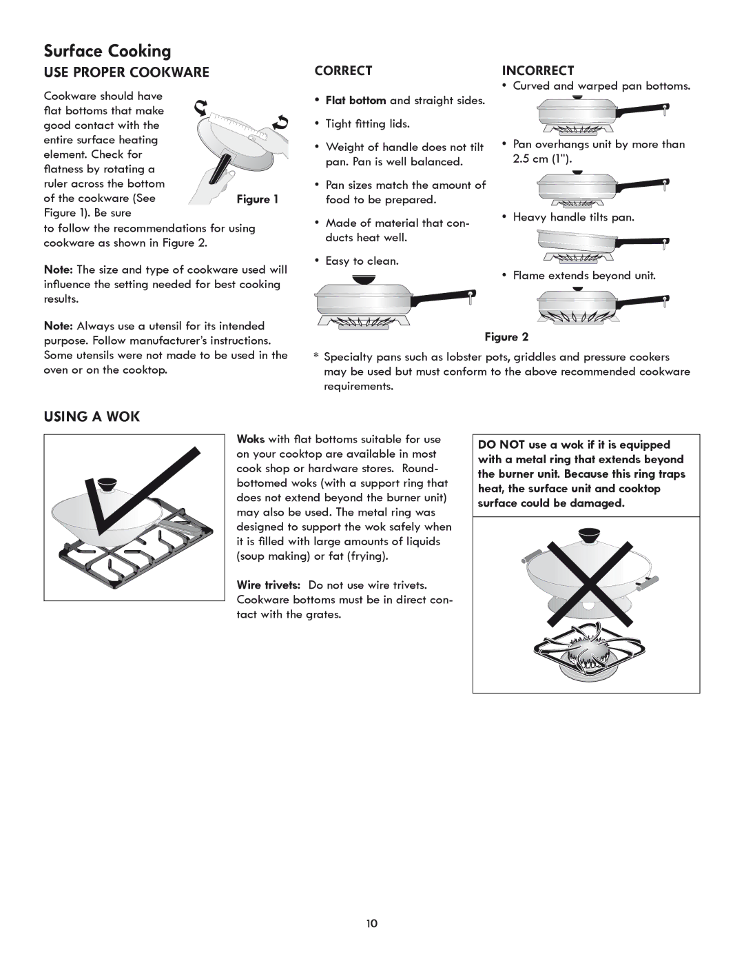 Kenmore 318205869A manual Surface Cooking, Use Proper Cookware, Using a wok 