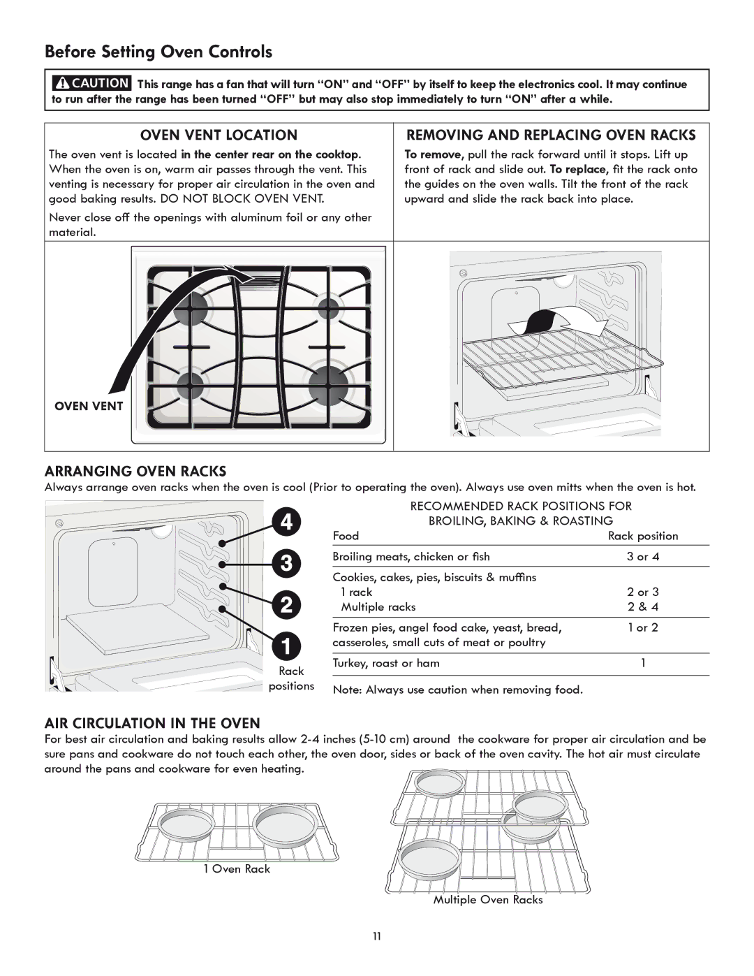 Kenmore 318205869A manual Before Setting Oven Controls, Oven Vent Location, Removing and Replacing Oven Racks 