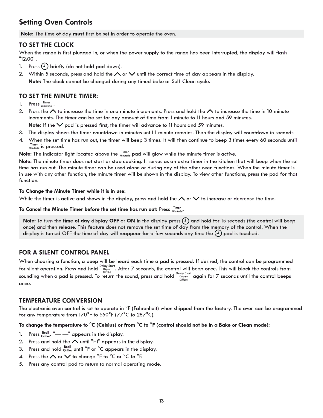 Kenmore 318205869A manual To Set the Clock, To Set the Minute Timer, For a silent control panel, Temperature conversion 