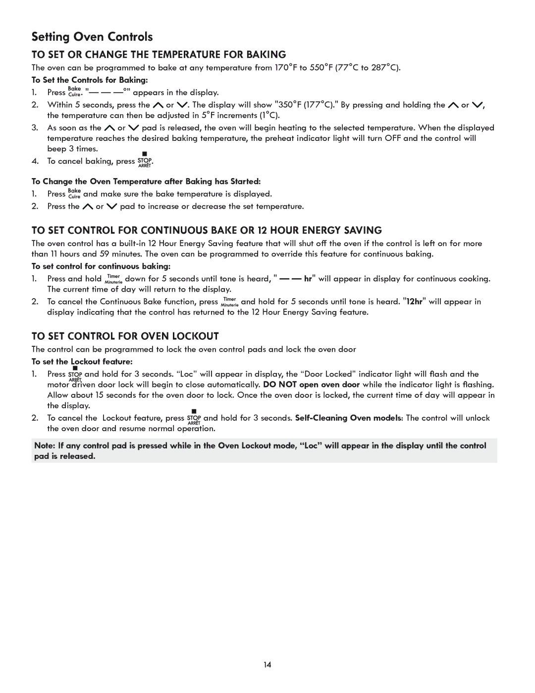 Kenmore 318205869A manual To Set or Change the Temperature for Baking, To Set Control for Oven Lockout 