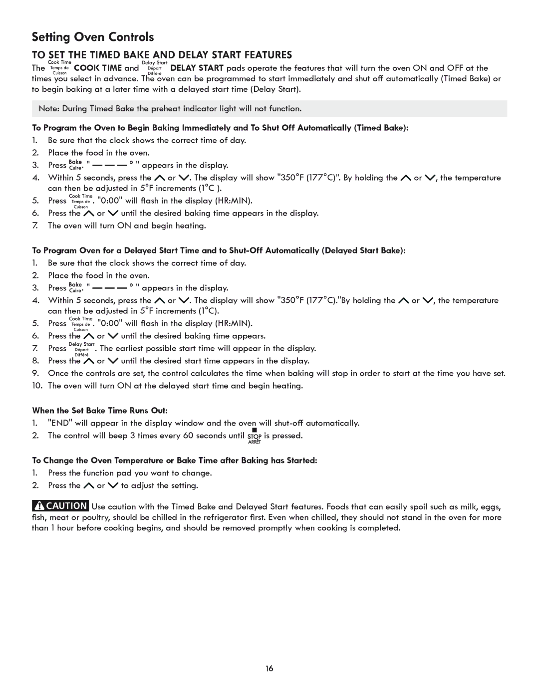 Kenmore 318205869A manual To Set the Timed Bake and Delay Start Features, When the Set Bake Time Runs Out 