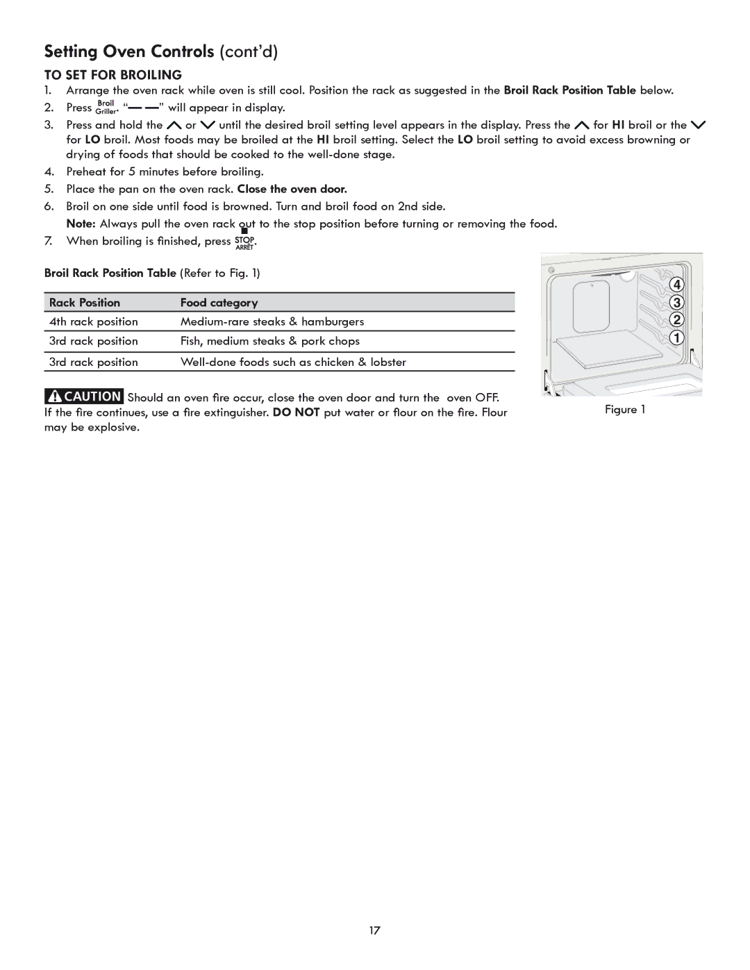 Kenmore 318205869A Broil Rack Position Table Refer to Fig Food category, Setting Oven Controls cont’d To Set for Broiling 