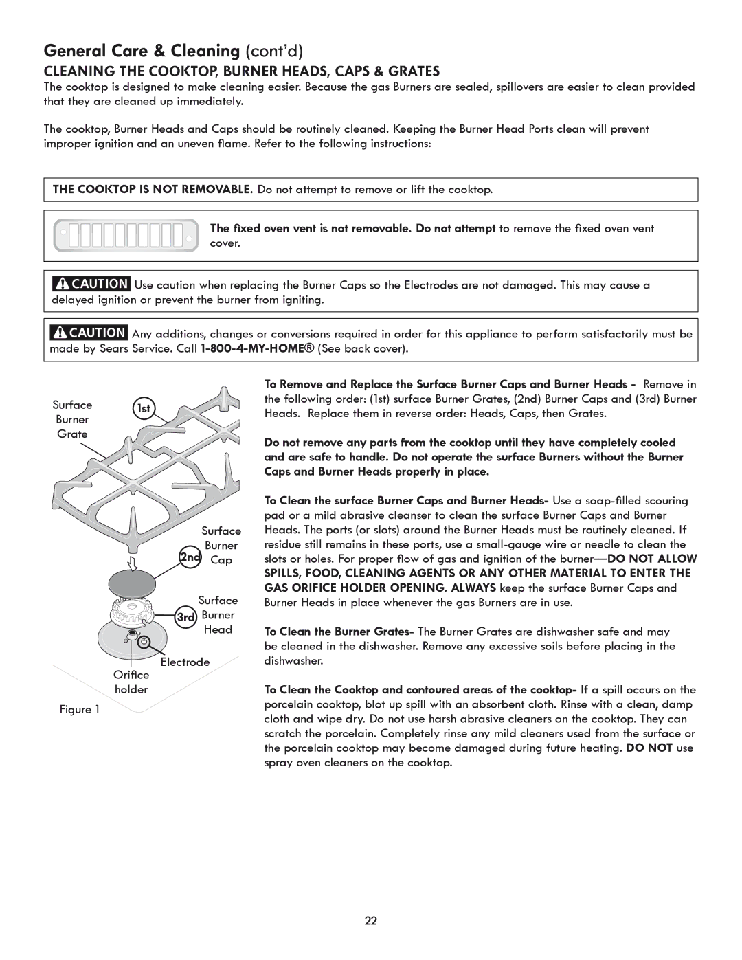 Kenmore 318205869A manual General Care & Cleaning cont’d, Cleaning the Cooktop, Burner Heads, Caps & Grates, 3rd 