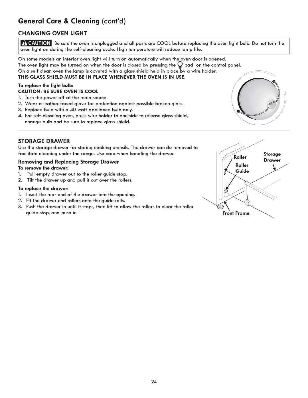 Kenmore 318205869A manual Changing Oven Light, Storage Drawer 