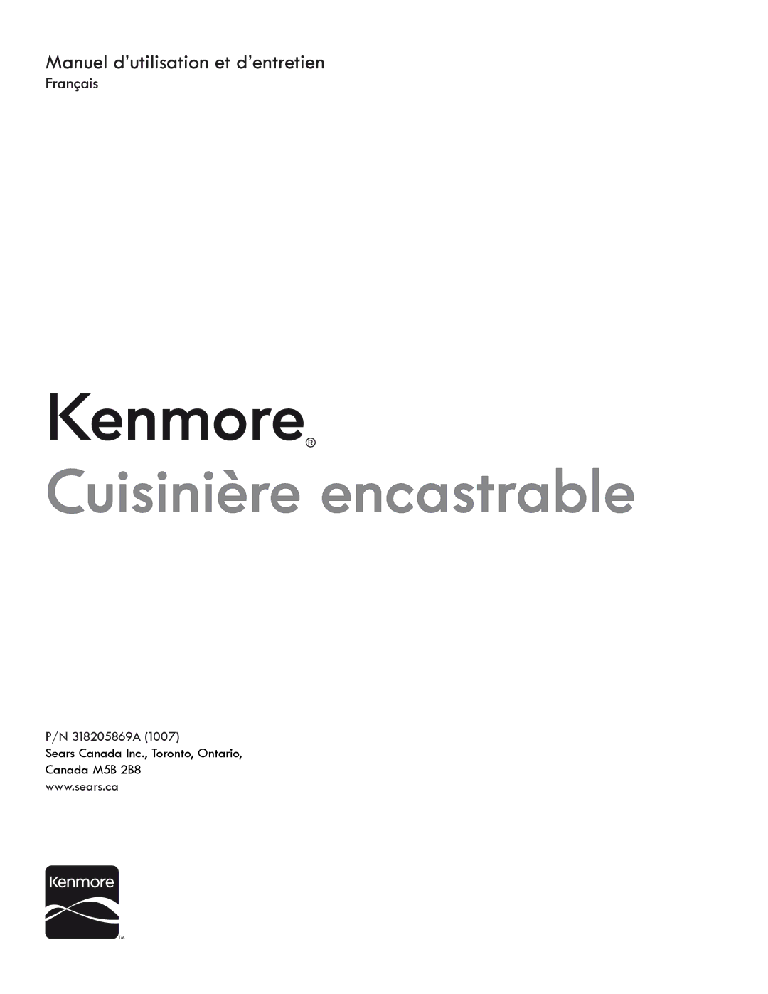 Kenmore 318205869A manual Cuisinière encastrable 