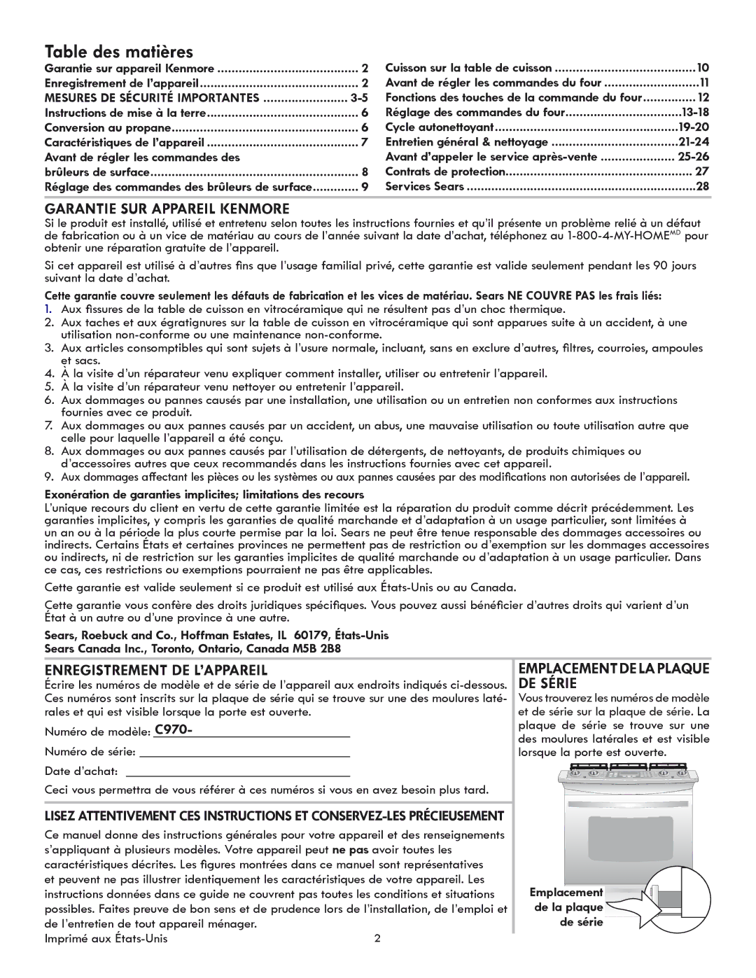 Kenmore 318205869A manual Table des matières, Garantie sur appareil Kenmore, Enregistrement de l’appareil 