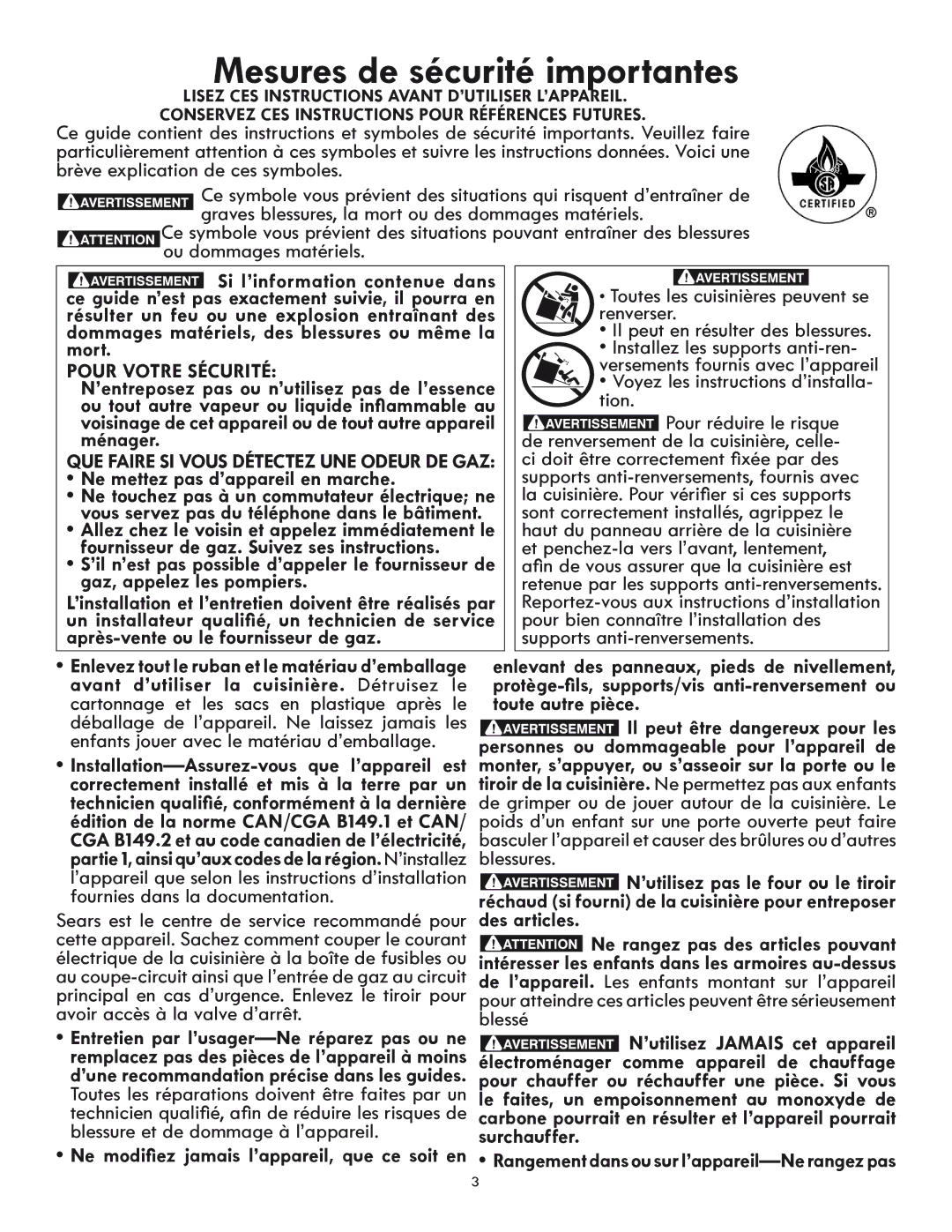 Kenmore 318205869A manual Entretien par l’usager-Ne réparez pas ou ne, Le faites, un empoisonnement au monoxyde de 