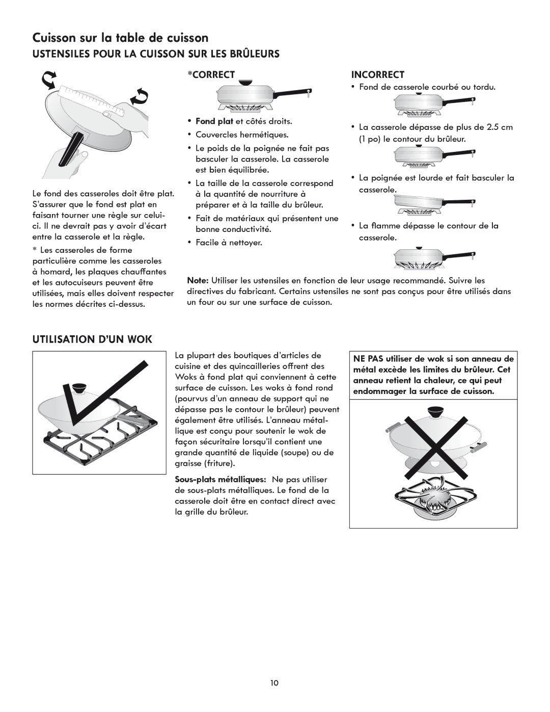 Kenmore 318205869A Cuisson sur la table de cuisson, Ustensiles pour la cuisson sur les brûleurs, Utilisation d’UN wok 