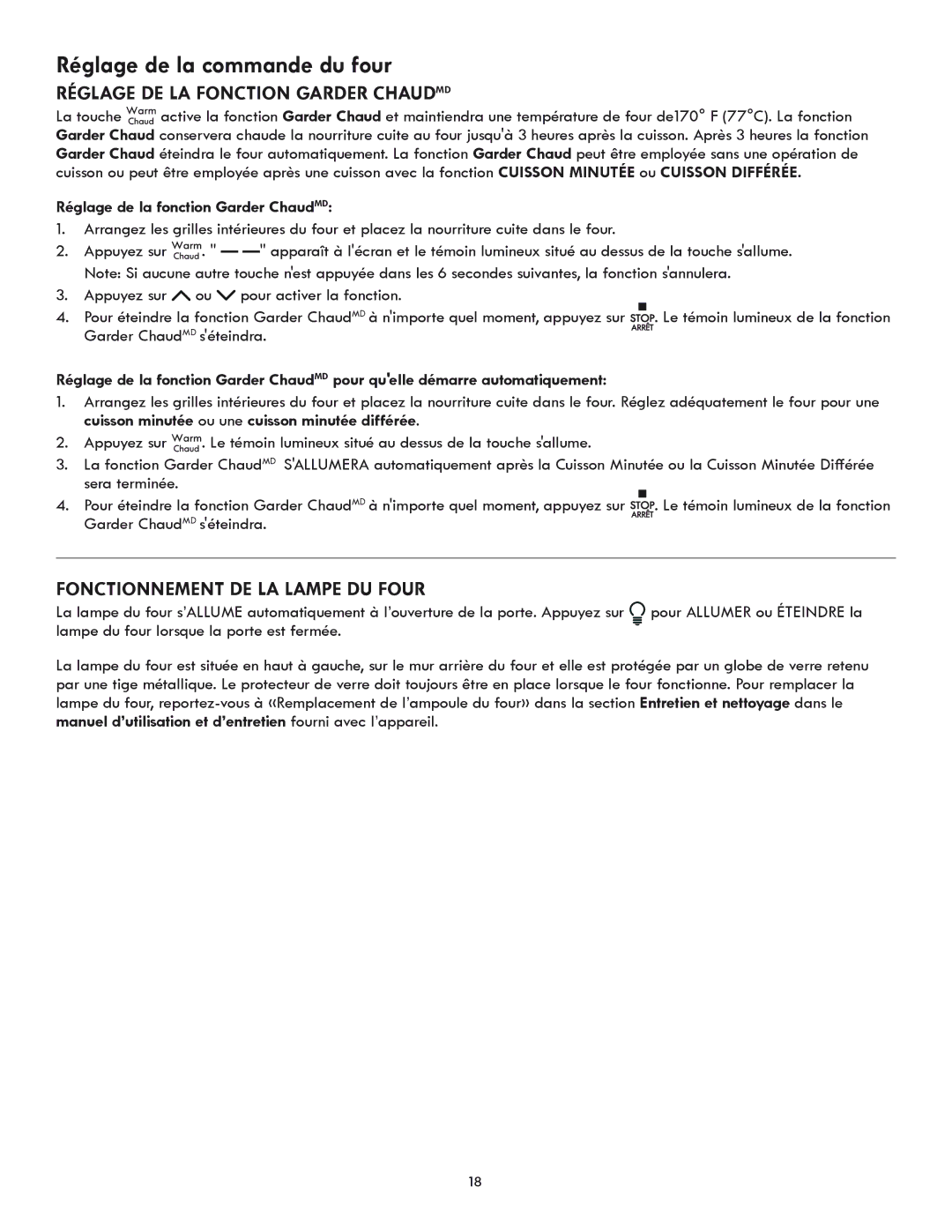 Kenmore 318205869A manual Réglage de la fonction Garder ChaudMD, Fonctionnement de la lampe du four 